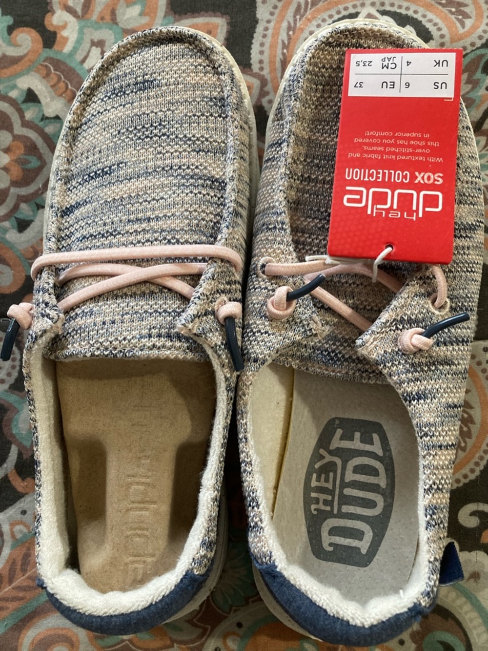 Hey Dude Knit Slip-On Shoes in Beige, Blue & Pink Accents